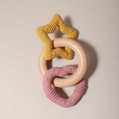 Silicone Star and Heart Teether with Teething Wooden Ring Baby Rattle Toy