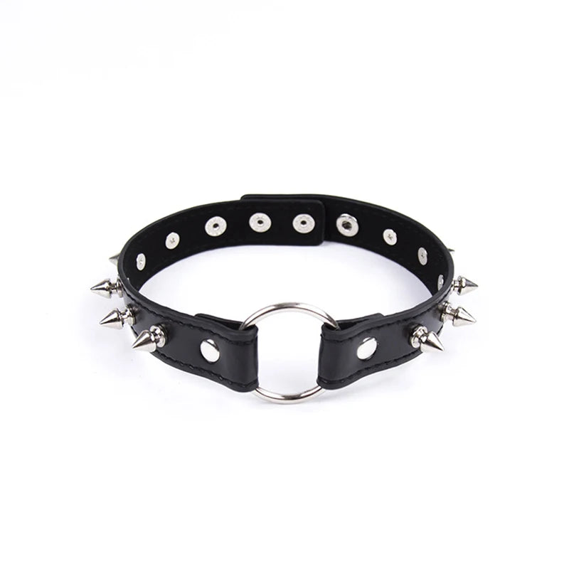 Sexy PU Leather Choker Collar for Women Gothic Punk Spike Heart O-Ring Bell Bondage Slave Neck Strap BDSM Role Play Accessory