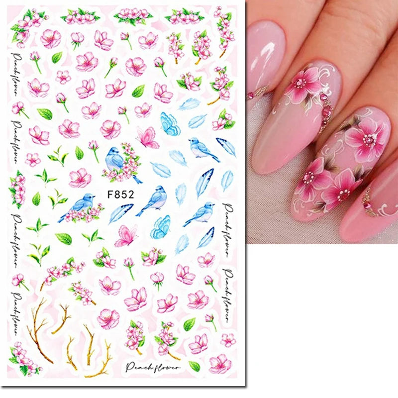 3d Nail Art Decals Watercolor Florals Purple Green Pink Flowers Leafs Fruit Adhesive Sliders Nail Stickers For Manicure