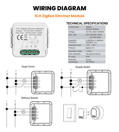GIRIER Tuya Smart ZigBee 3.0 Dimmer Switch Module WiFi Breaker Relay for Dimmable Bulb Supports 2-way Control Works with Alexa