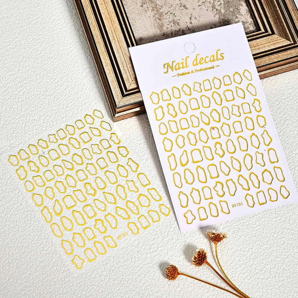 1Pc 3D Gold Hollow Irregular Geometric Nail Stickers Holo Metal Frame Gold/Silver Decals Square Self Adhesive Sliders Nail Deco