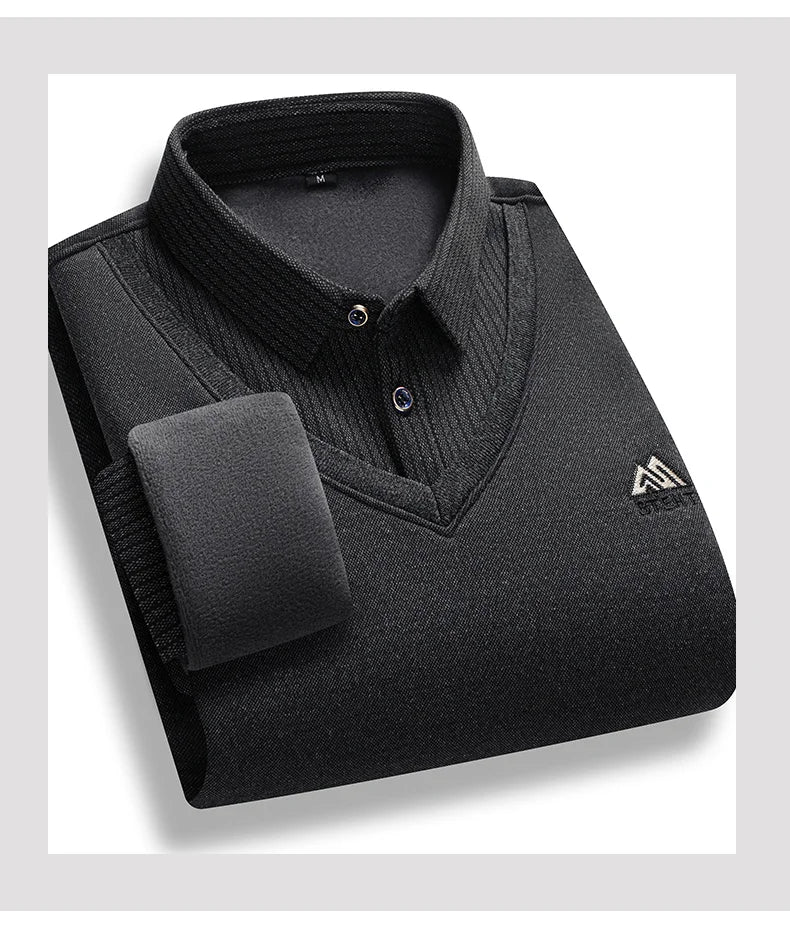 Men's Fleece Lined Sweater Polo Collar Pullover Tops Fashion Business Causal Pullovers Korean Slim Fit Thick Winter Clothes