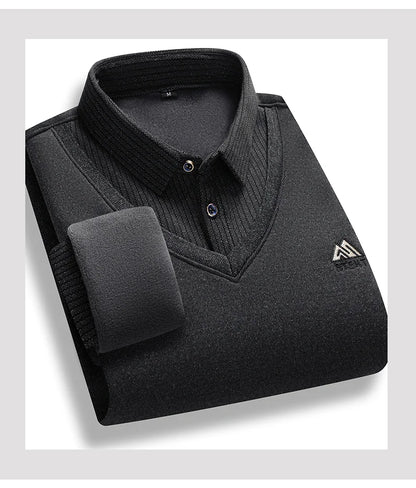 Men's Fleece Lined Sweater Polo Collar Pullover Tops Fashion Business Causal Pullovers Korean Slim Fit Thick Winter Clothes