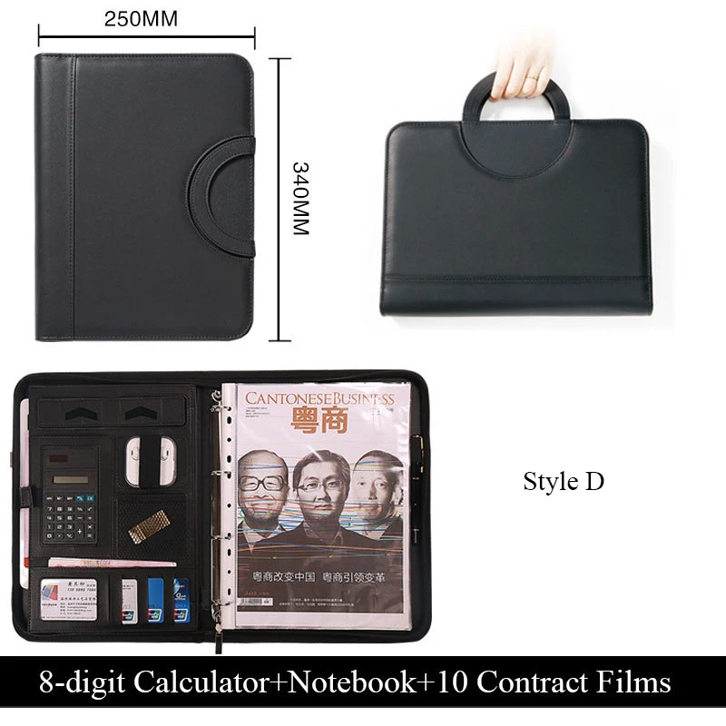 PU leather A4 zipper calculator binder conference file pad folder briefcase tablet portable circular handle file bag