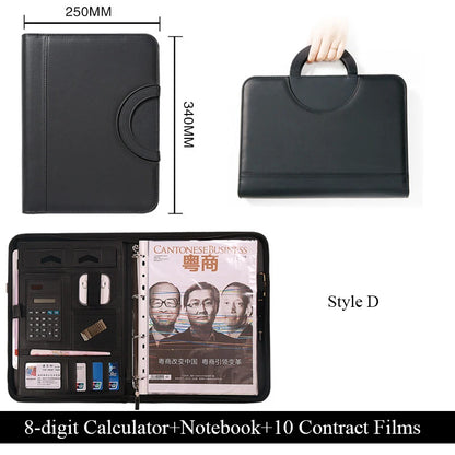 PU leather A4 zipper calculator binder conference file pad folder briefcase tablet portable circular handle file bag