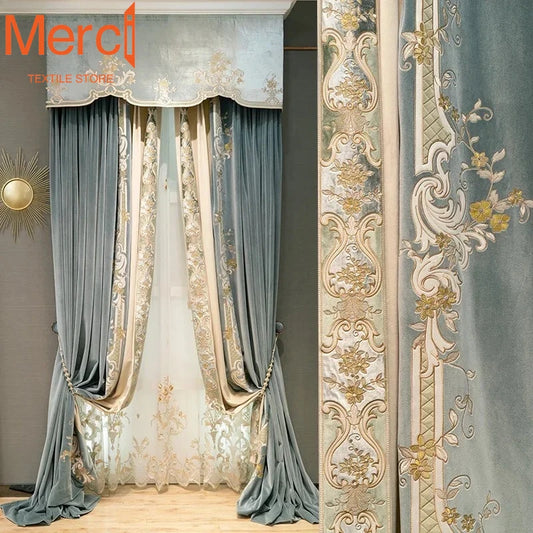 European Embroidered Thickened Blackout Blue Velvet Curtains for Living Room Bedroom Blackout  Lace Luxury Valance Tulle Custom