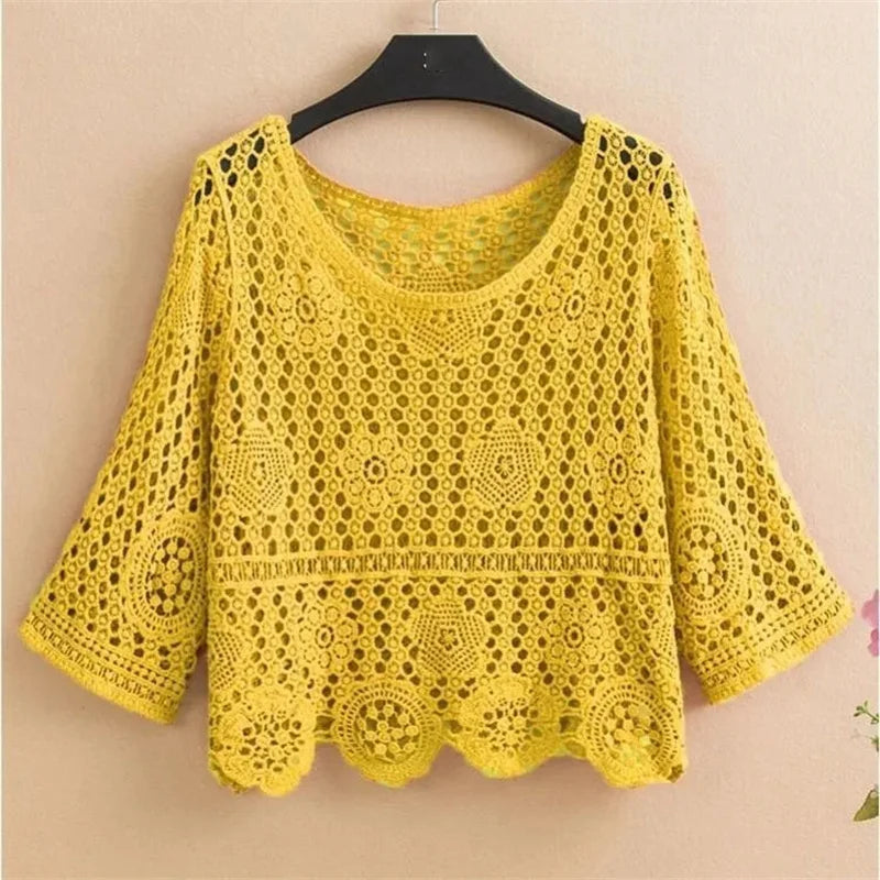 Women's Summer Short Jacket 2025 New Pullover Round Neck Knit Female Sweater Top Loose Fashion Hollowing Out Ladies Lace Tops