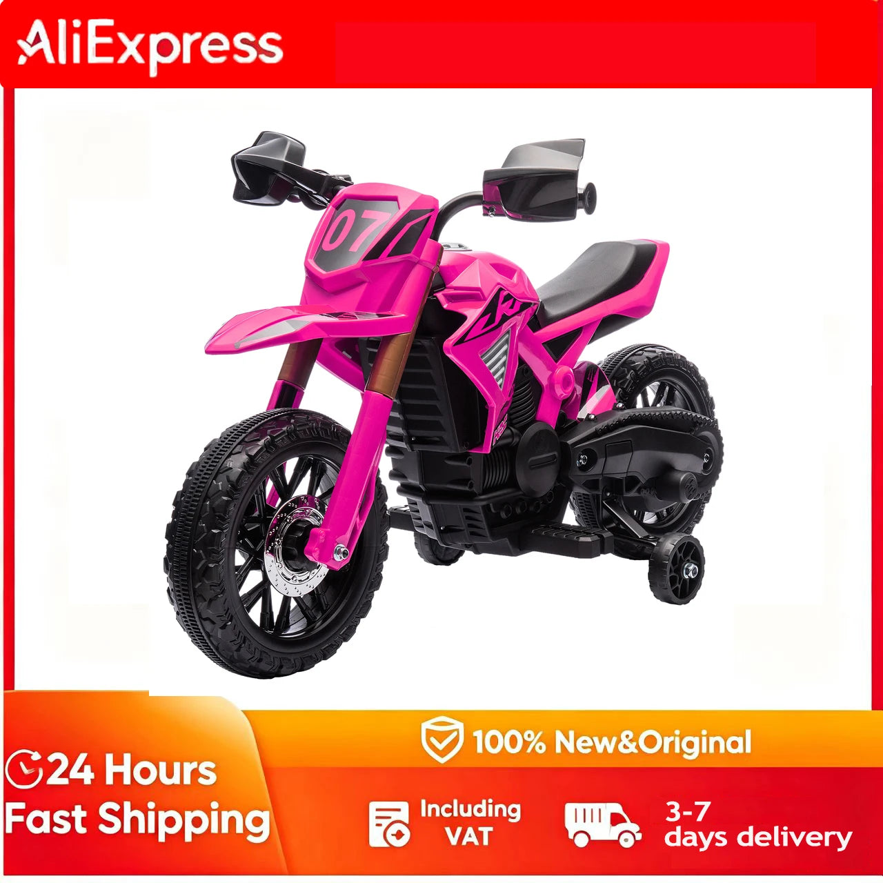 12V electric motorcycle, children’s motorcycle with training wheels, kids’ car, featuring a horn and start-up sound, 3 km/h, pink, electric toy motorcycle, riding motorcycle