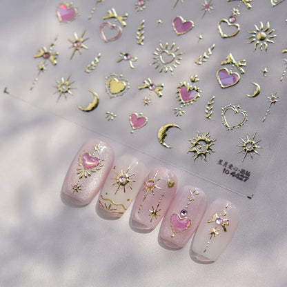 Gold Totem Red Heart Nail Art Stickers Aurora Holographic Star Moon Butterfly 5D Self Adhesive Nail Art RhinestoneS Stickers DIY