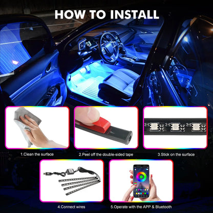 48 72 LED RGB Car Foot Light & Underglow Neon Lamp, Music Sync Interior Ambient Light with Remote Control, USB & 12V Dual Power Plug, Multi-Colour Atmosphere Decorative Lighting for Universal Auto Interior Exterior Decoration