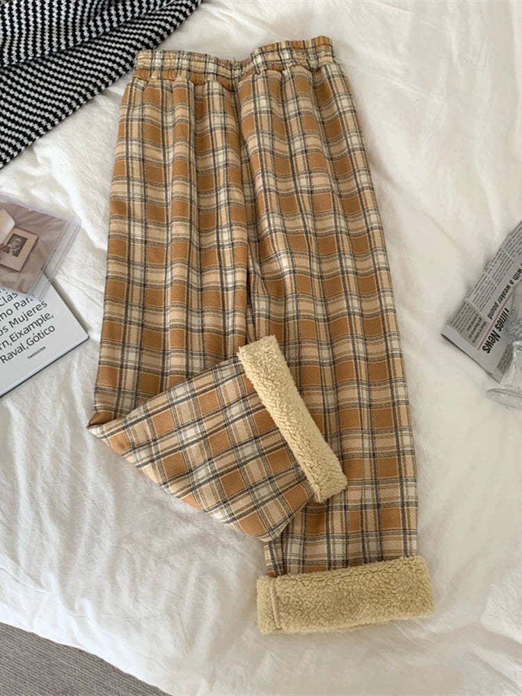 JMPRS Fashion Warm Plush Pants Thick Plaid Women Casual Loose Wide Leg Trousers Korean Streetwear Straight Student Pants New