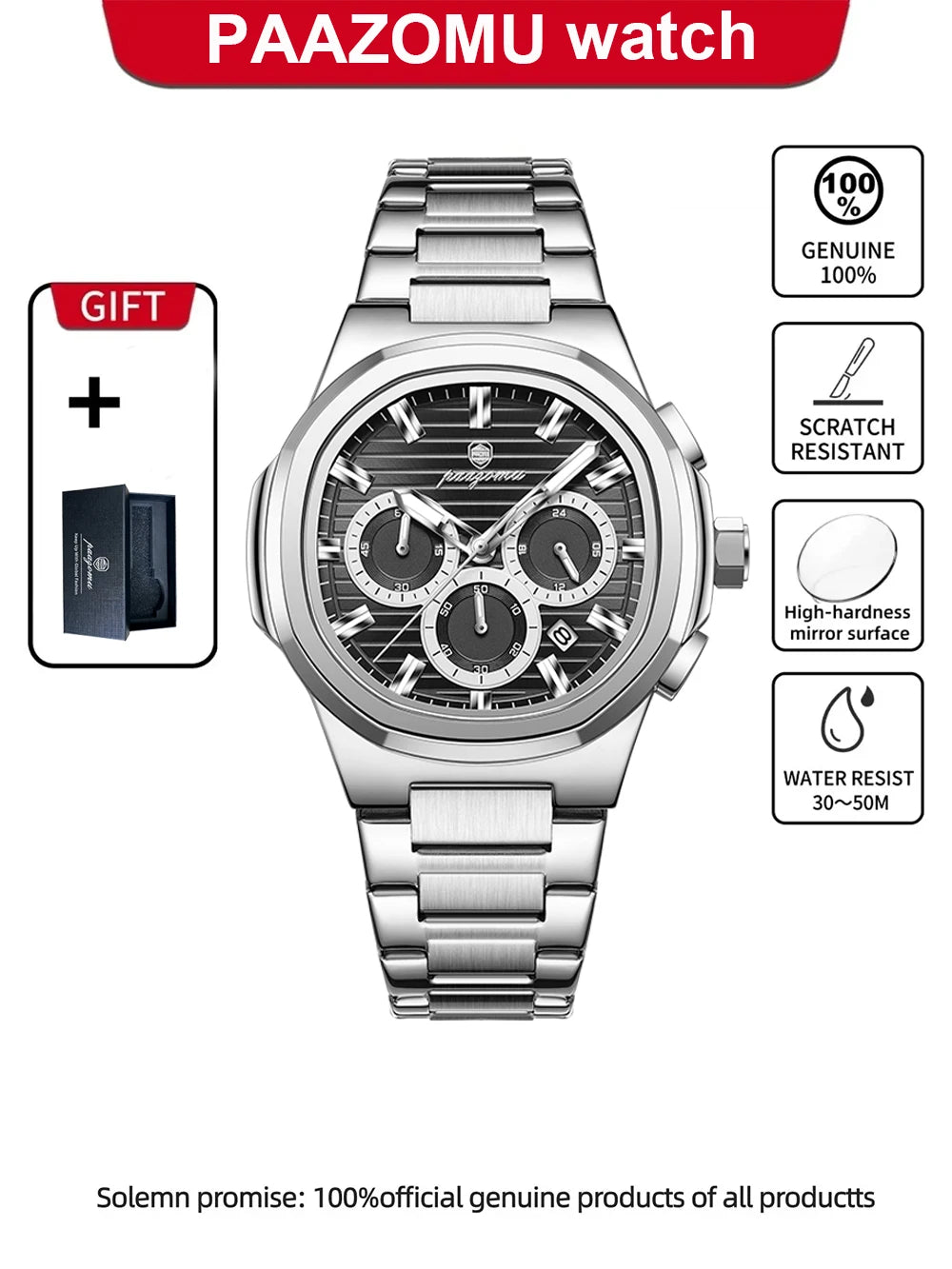 PAAZOMU Fashion Brand Man Wristwatch Waterproof Stainless Steel Luminous Men Watch Chronograph Date Luxury Quartz Men's Watches