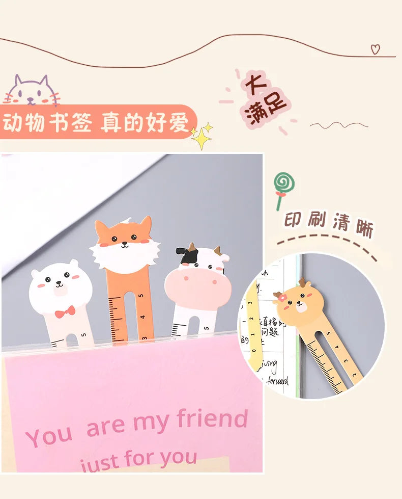 50Pcs/pack Cartoon Animal Bookmark Cute Bear Kitten Student Ruler Bookmark Students Supplies