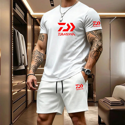 2026 Summer Men's Short Sleeved T-shirt Drawstring Shorts Set Breathable Outdoor Sports Set Men's Daily Fishing Suit