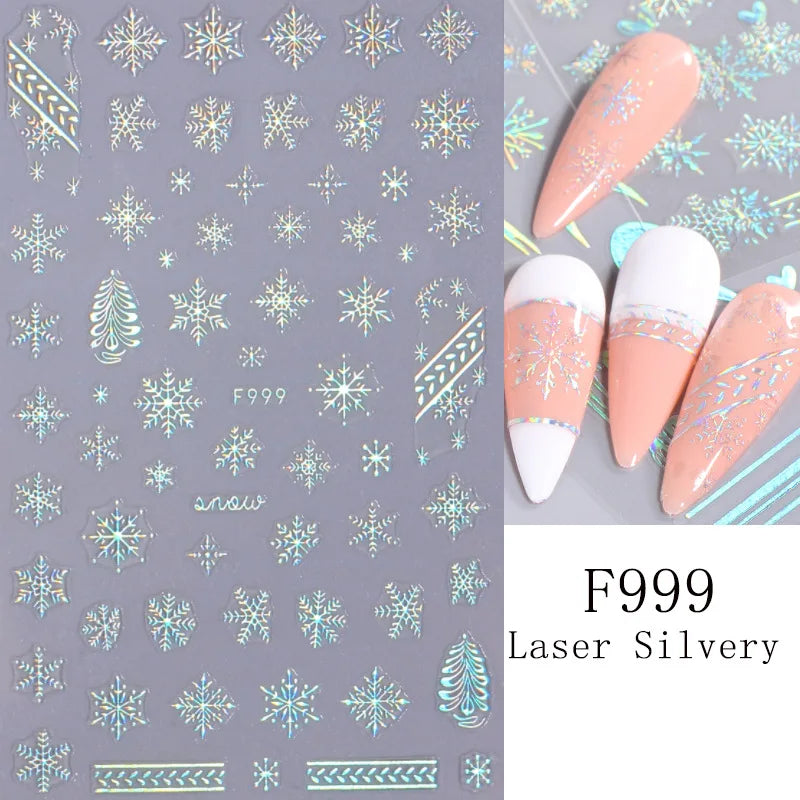 1PCS New Christmas Decorations 2023 New Year Nail Stickers Press on Nails Laser Snowflake Christmas Tree 3D Nail Decal