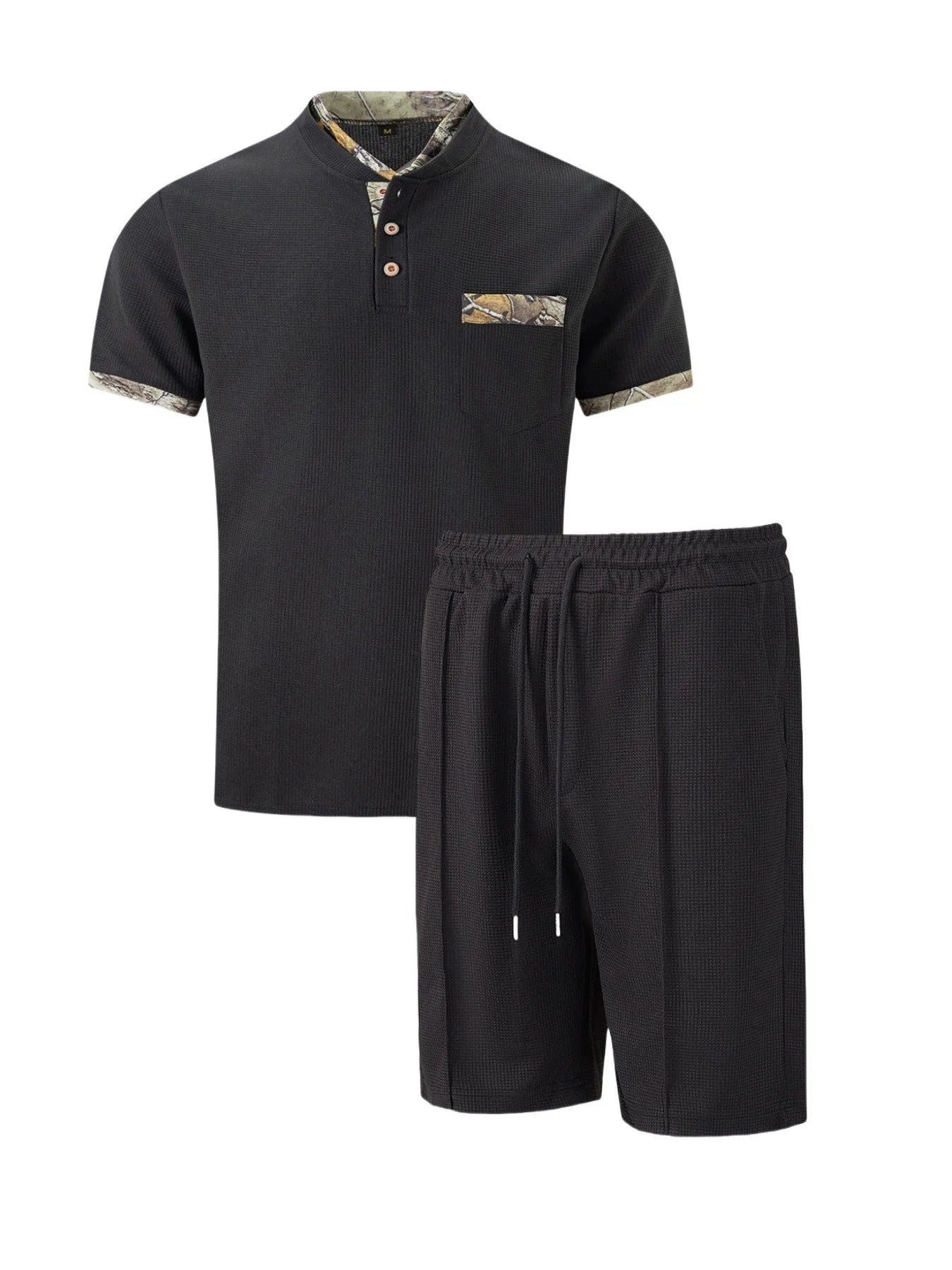 2026 Men Europe and the United States new summer Waffle solid color zip-up lapel short-sleeve suit shorts two sets