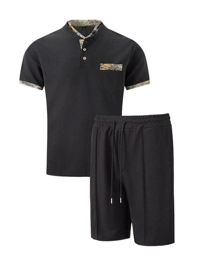 2026 Men Europe and the United States new summer Waffle solid color zip-up lapel short-sleeve suit shorts two sets