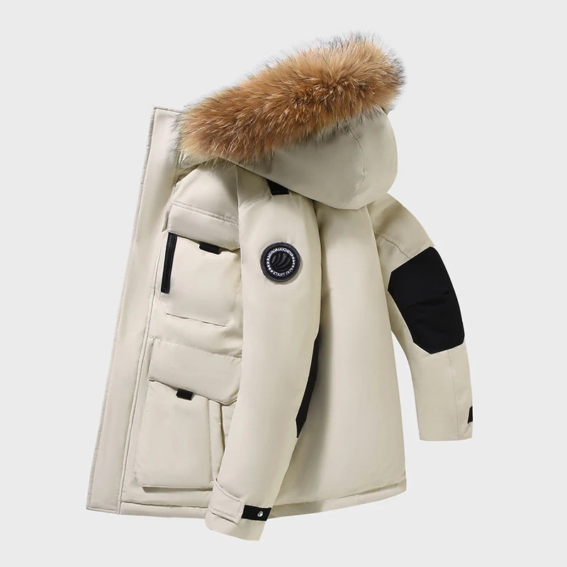 -30 Degree Down Parkas Men Windproof Hooded Thicken Multi-pocket Down Coat Casual Fashion Thick Warm Embroidered Design Parka