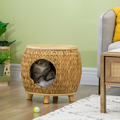 Cat cave with a soft washable cushion, featuring a natural light brown and grey design, it provides cats with a cozy hideaway while doubling as a sturdy stool and elegant home decor piece