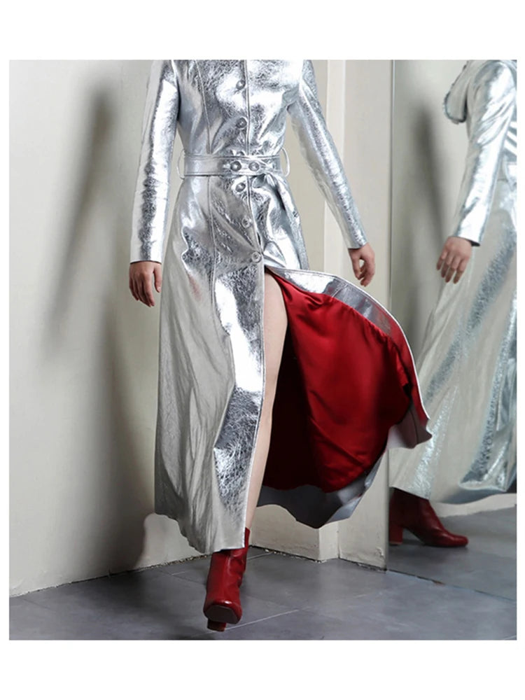 Lautaro Spring Autumn Extra Long Cool Silver Shiny Reflective Pu Leather Trench Coat for Women with Hood Luxury Runway Fashion