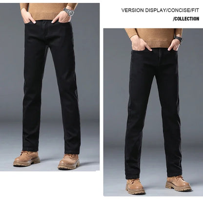 Men's Winter Stretch Fleece Jeans Thickened Warm Loose Straight Velvet Denim Trousers Classic Business Casual Black Work Pants