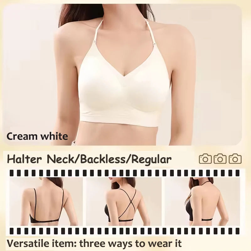 FINETOO Women's 3 Ways to Wear Halter Neck Backless Bralette Seamless Thin-Strapped Gather Bra Female Sexy Solid Color Underwear