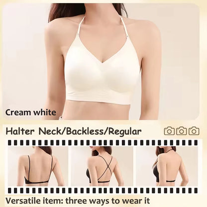 FINETOO Women's 3 Ways to Wear Halter Neck Backless Bralette Seamless Thin-Strapped Gather Bra Female Sexy Solid Color Underwear