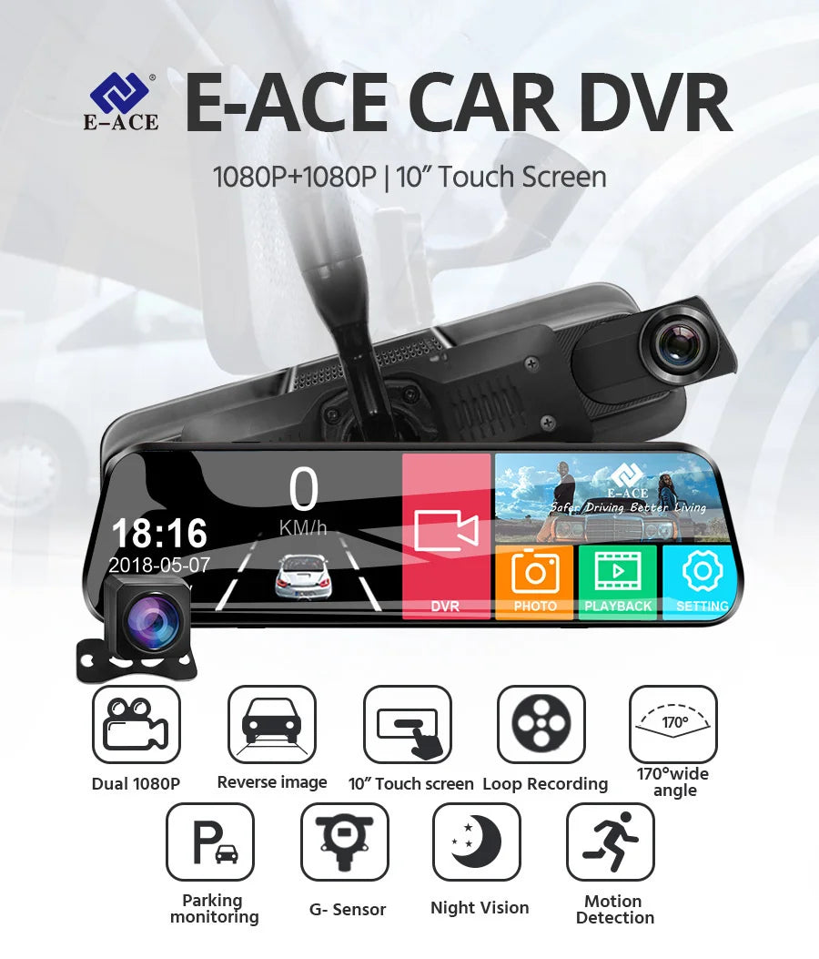 10 Inch Car DVR Car Touch Screen Video Recorder Dual 1080P Rearview Mirror Front and Rear HD Night Vision Camera Mirror