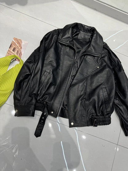 New Outerwear Leather Jacket Women American Retro Top Sheepskin Bubble Leather Double Lapel Loose Profile Coffee Locomotive Coat