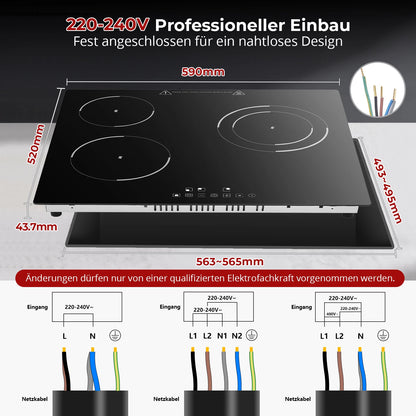 6000W Built-in Ceramic Hob, 4 Zone Induction Cooktop with Touch Control, 9 Power Levels, Timer & Child Lock, 60cm Black Glass