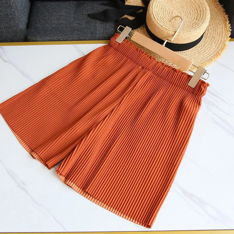 Women Casual Wide Leg Shorts 2025 Summer Elastic High Waist Pleated Shorts Woman Solid Color Loose Ice Silk Knee-Length Pants