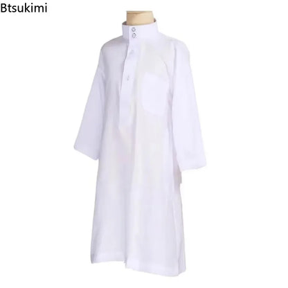 New Islamic Kaftan Children Jubba Thobe Muslim Boys Abaya Kids Burqas White Arab Stand Collar Long Sleeved Robe Muslim Fashion