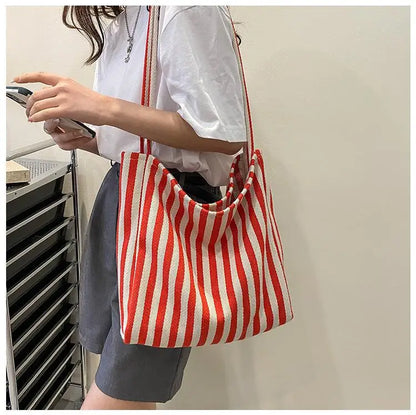 Large Capacity Canvas Women Shopper Tote Simple Striped Shoulder Bag Female Casual Multifunctional Travel Top-handle Handbag