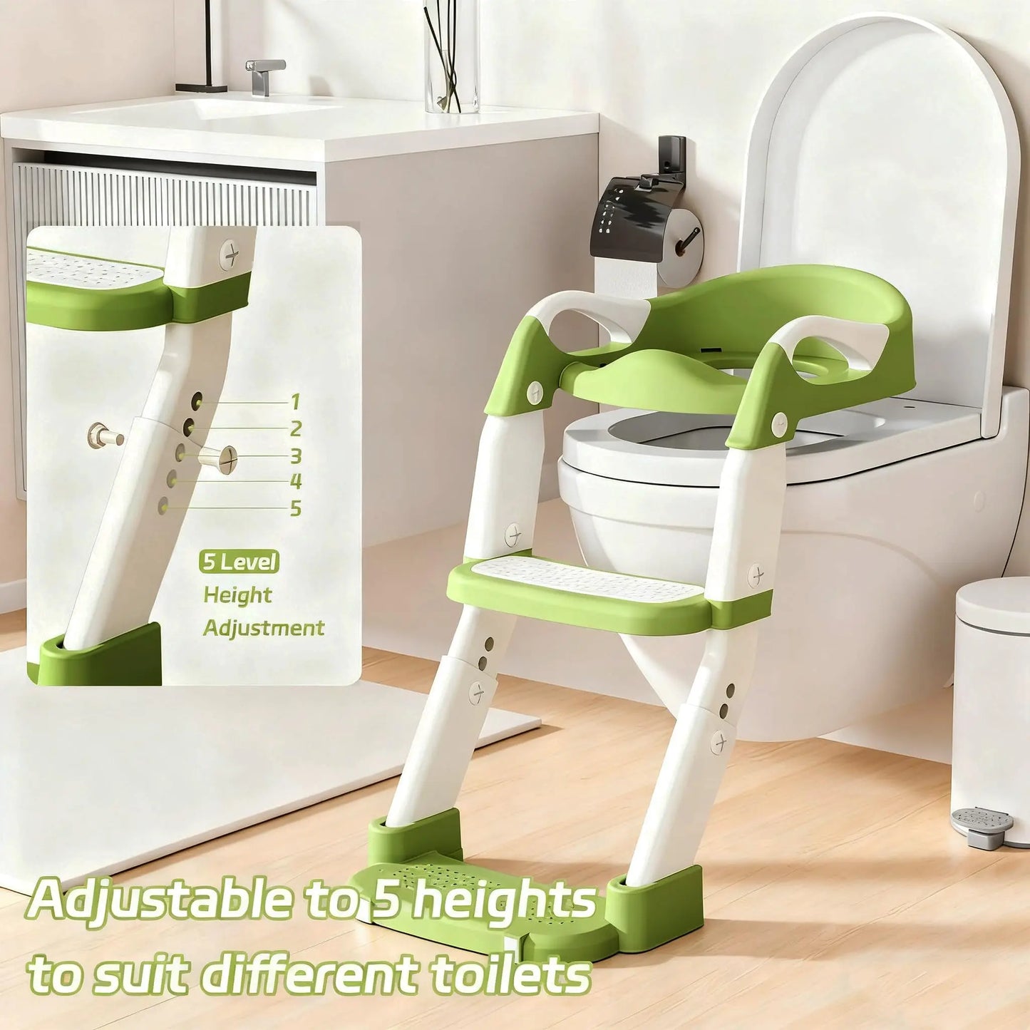 2-in-1 Toddler Toilet Ladder Seat – Adjustable Potty Training Seat with Non-Slip Steps & Anti-Slip Pads, Foldable for Boys & Girls, Bathroom Toilet Trainer (Grey Green Purple)