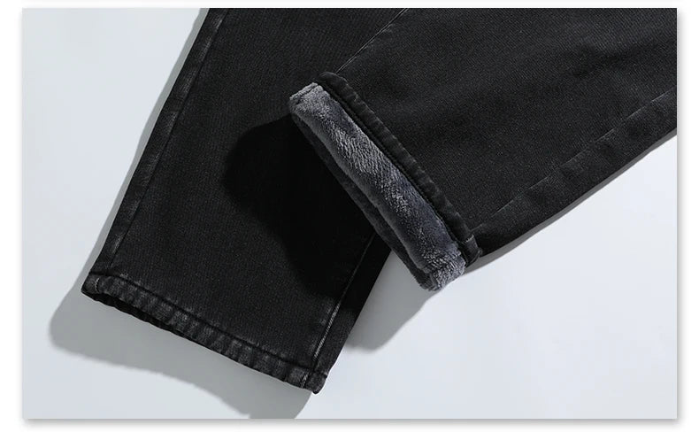 Men's Thicke Fleece Straight Jeans Winter Velvet Thermal Nostalgia Washing Denim Pants Streetwear Elastic Waist Loose Trousers