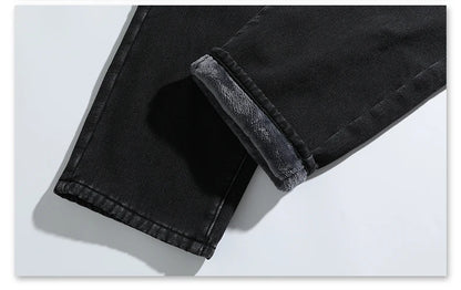 Men's Thicke Fleece Straight Jeans Winter Velvet Thermal Nostalgia Washing Denim Pants Streetwear Elastic Waist Loose Trousers