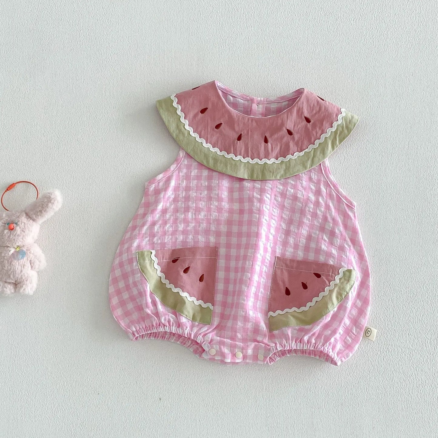 2026 Summer Childrens Clothes Watermelon Collar Baby Bodysuit with Patch Pockets Pink-white Check Girls Dress