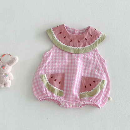 2026 Summer Childrens Clothes Watermelon Collar Baby Bodysuit with Patch Pockets Pink-white Check Girls Dress