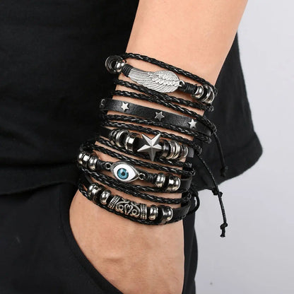 6pcs/Set Black Punk Skull & Star Shaped Alloy & Pu Leather Bracelet