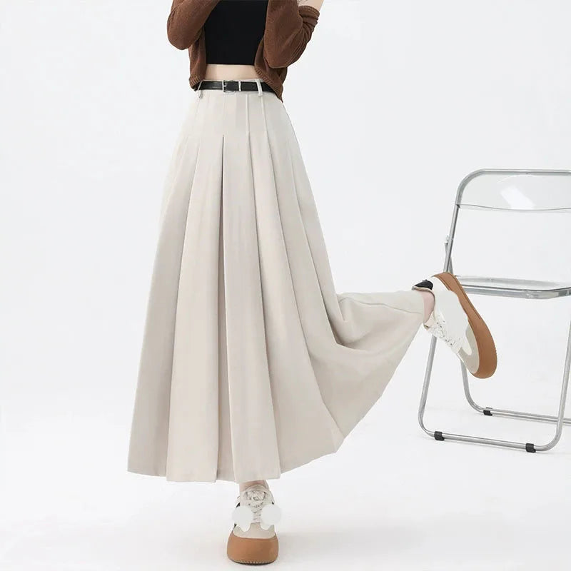 2026 New Women's Pleated Maxi Skirts Autumn High Waisted Zipper Jk Long Skirt Woman Elegant Loose Design Big Swing A-Line Skirts