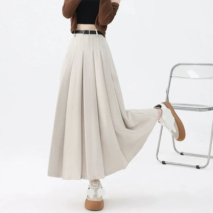 2026 New Women's Pleated Maxi Skirts Autumn High Waisted Zipper Jk Long Skirt Woman Elegant Loose Design Big Swing A-Line Skirts