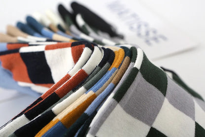 5 Pairs/Lot Combed Cotton Men's Socks Compression Fashion Colorful Square Happy Dress Men Casual Business Grid Gentleman British