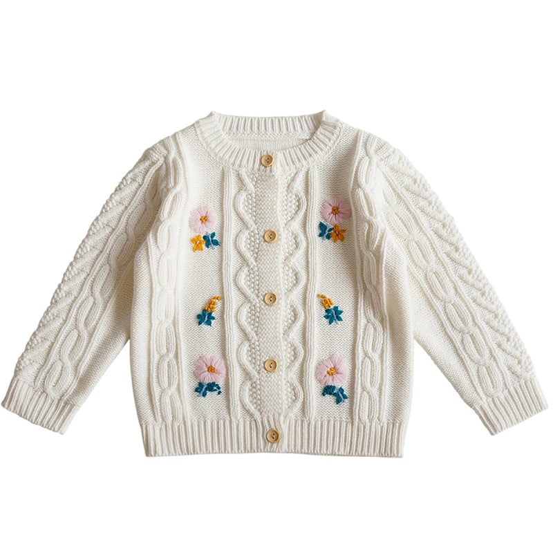 Baby Girls Embroidery Sweater Cardigan Autumn Fashion Cotton Floral Collar Kids Knitted Cardigan Rabbit Coat Outerwear Korean