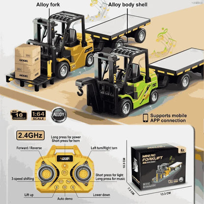 1:64 Remote Control and Alloy Truck Forklift with Trailer Worktop Mini Bluetooth RC Elevator Vehicle Children's Toy Holiday Gift