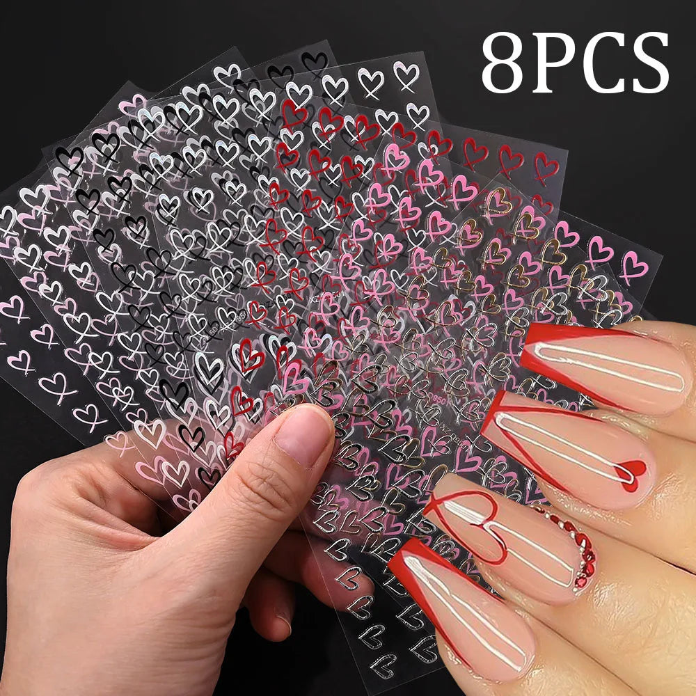 8pcs/set Mini Red Heart Valentines Nail Stickers Irregular Love Stripe Gold/Silver Nail Decals Sliders Laser Shiny Manicure Acce