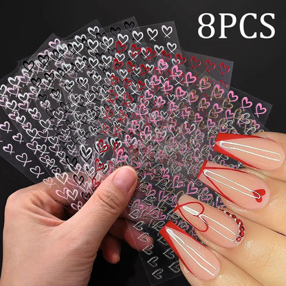 8pcs/set Mini Red Heart Valentines Nail Stickers Irregular Love Stripe Gold/Silver Nail Decals Sliders Laser Shiny Manicure Acce