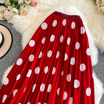 2026 Pleated Skirt Elastic Waist Polka Dot Fashion Printed Slim Pleated Skirt Women's Summer New Beach Vacation Mid-length Skirt