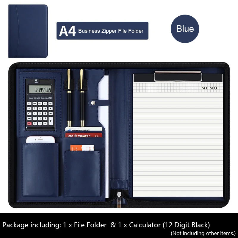 Executive Business A4 Leather Portfolio Folder Clipboard for Zippered Desk Organizer Document Briefcase Calculator for Office