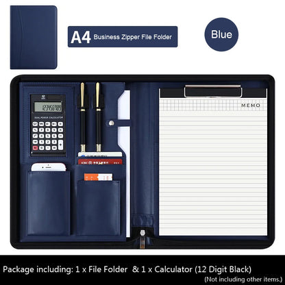 Executive Business A4 Leather Portfolio Folder Clipboard for Zippered Desk Organizer Document Briefcase Calculator for Office