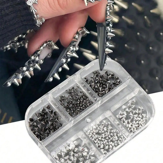 6 tinkleliai 3D mini pankų metalinės kniedės nagų dailės pakabukai 1,5/2/3 mm aukso, sidabro kūgio smaigalių smeigės nagų papuošalai „pasidaryk pats“ manikiūro dekoracijos ZB